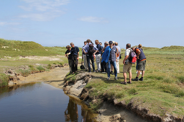 Teil der Reisegruppe an einem Tümpel in Dünenlandschaft