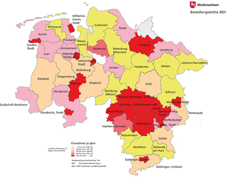 Karte zur Bevölkerungsdichte in Niedersachsen 2031