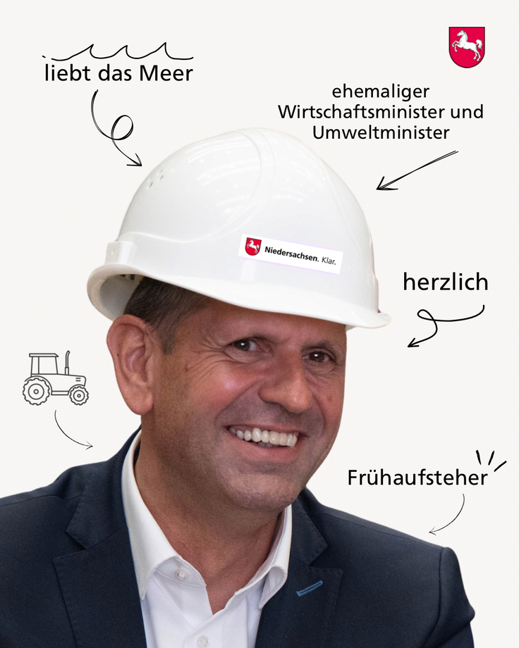 Foto von Ministerpräsident Olaf Lies mit einem weißen Bauhelm auf dem Kopf und Inschriften: ehemaliger Wirtschaftsminister und Umweltminister, liebt das Meer, herzlich, Frühaufsteher einer Grafik eines Treckers.