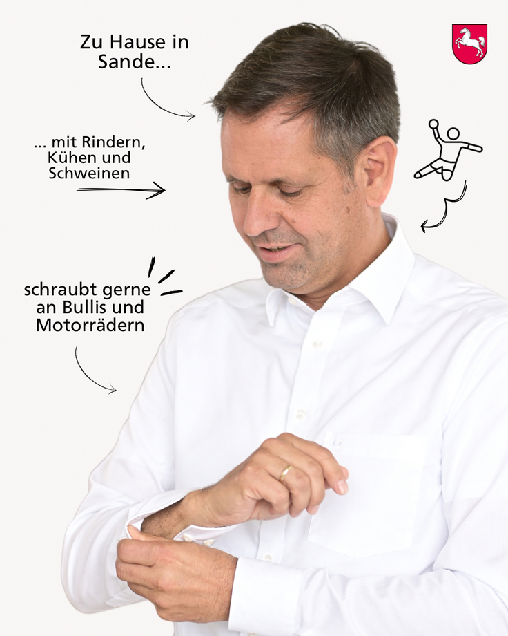 Foto von Ministerpräsident Olaf Lies wie er sich die Hemdsärmel hochschiebt und Beschriftung: Zu Hause in Sande, mit Rindern, Kühen und Schweinen, schraubt gerne an Bullis und Motorrädern und einer Grafik eines Handballers.