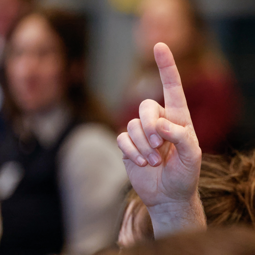 Bild einer gehobenen Hand in einer Personengruppe